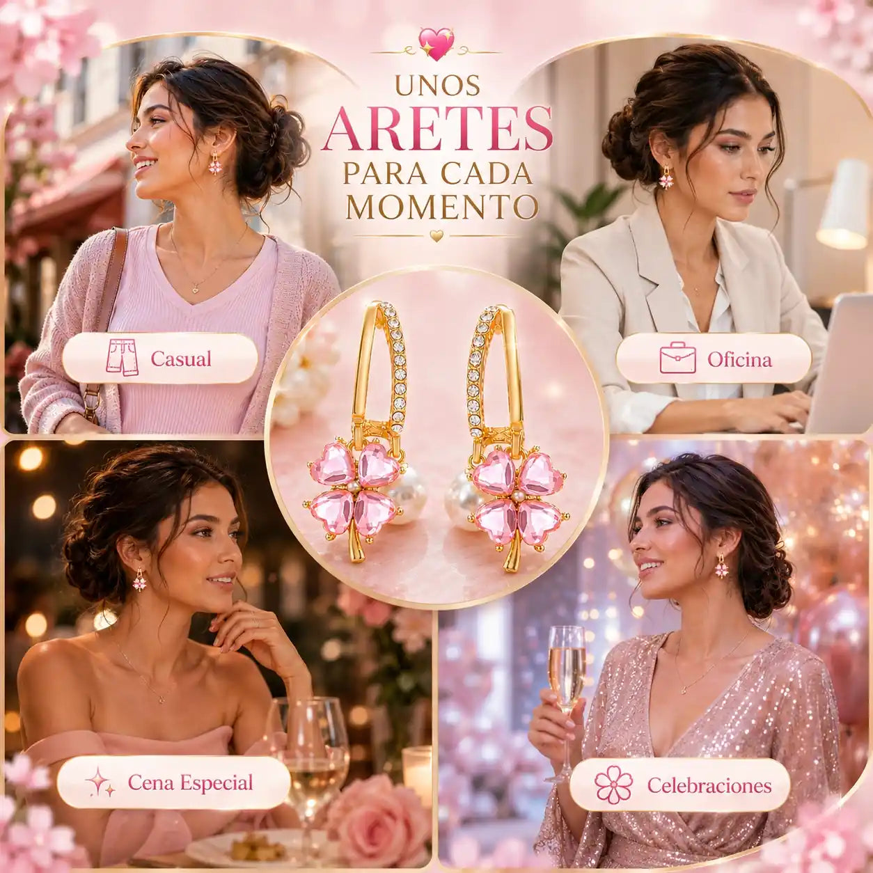 🌸 Aretes Trébol Rosa Premium