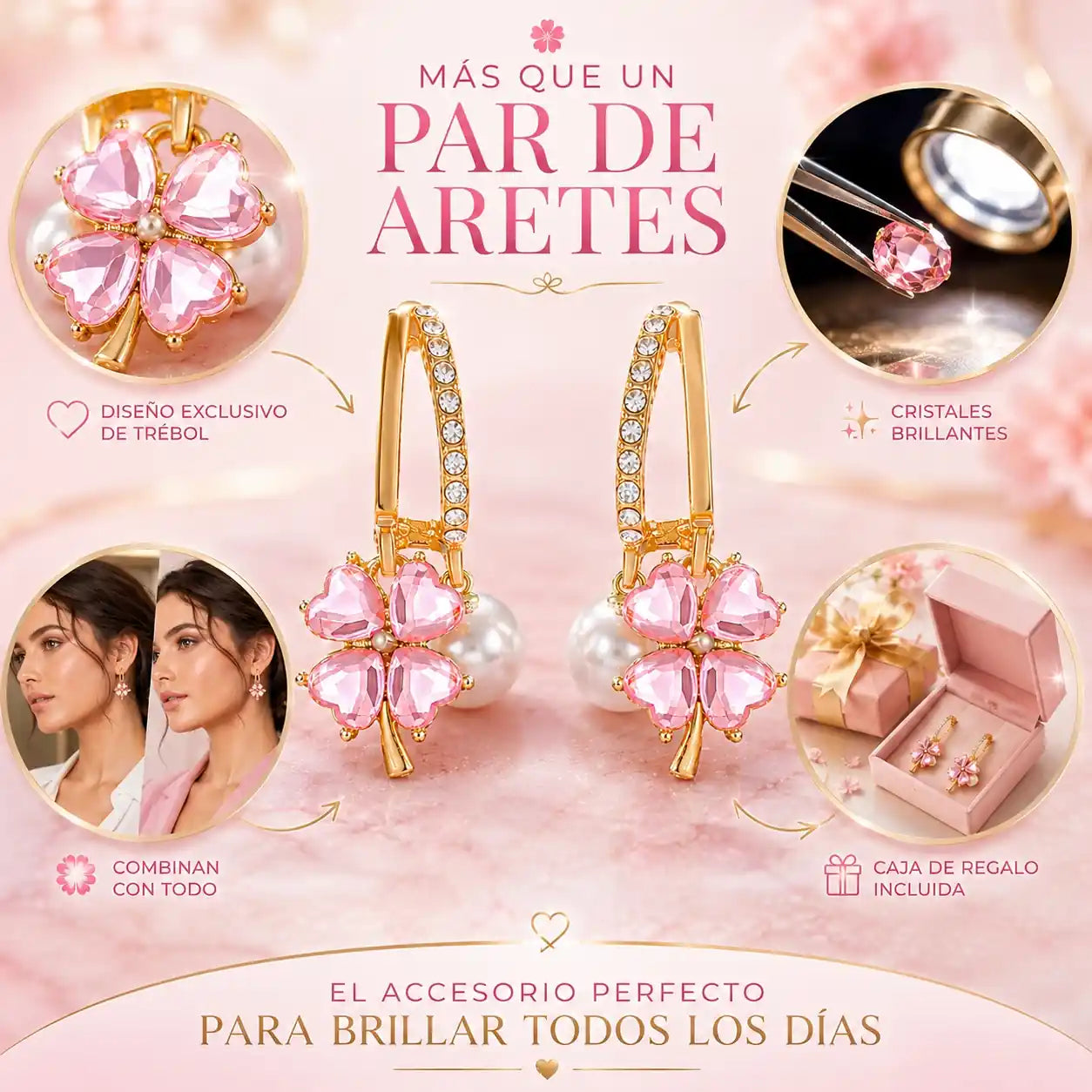 🌸 Aretes Trébol Rosa Premium